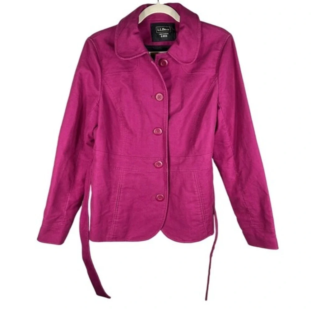 LL Bean Pea Coat Belted Canvas Field Jacket Small Pink Chore Barn Spring Preppy‎